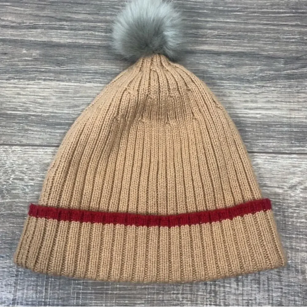 NWOT banana republic tan Pom Pom beanie with love script